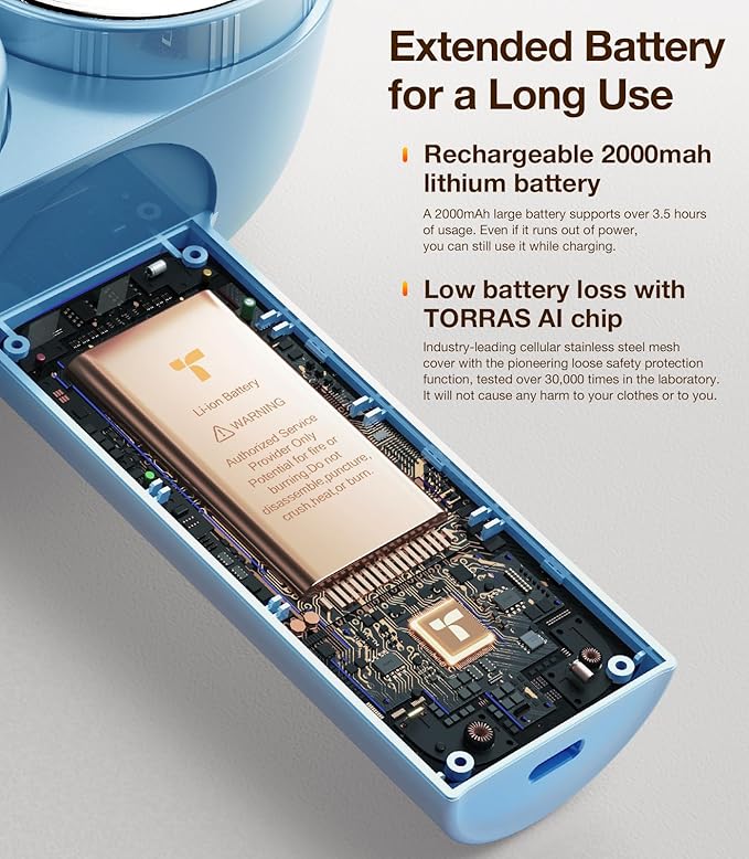 TORRAS Dual-Head Fabric Shaver, Longest Durability & 50ml Large Capacity Rechargeable Lint Removers to Remove Pills, 6-Leaf Blades Defuzzer, Electric Shaver for Clothes Couch Furniture, Blue