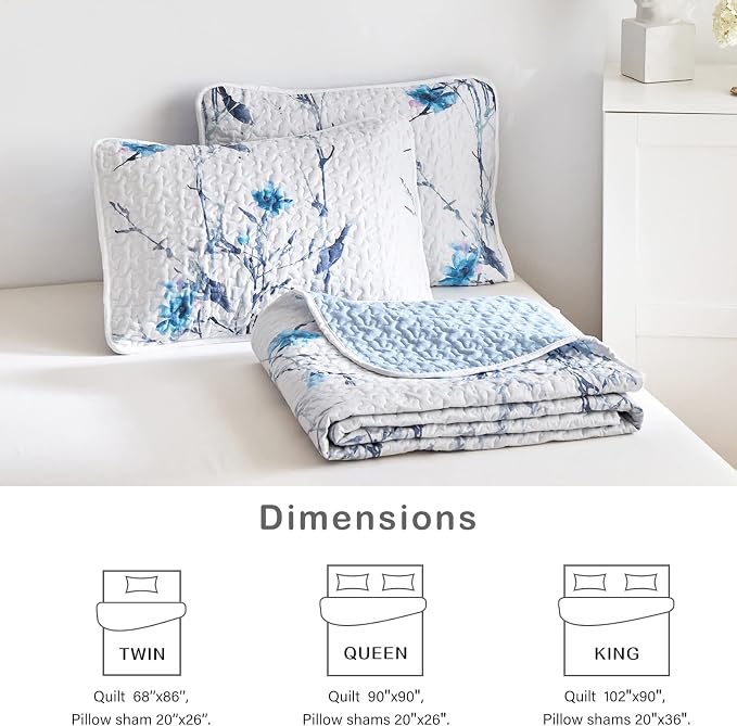 Botanical Quilt Set 3 Pieces Full/Queen Size, Soft Microfiber Lightweight Bed - Image 7
