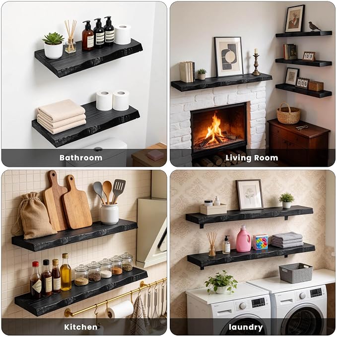Black Live Edge Floating Shelf, 48-Inch Solid Elm Wood | Easy Installation - Image 7