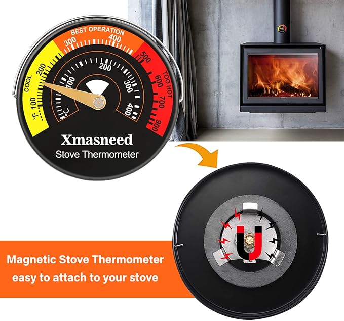 Xmasneed Wood Stove Thermometer Magnetic, 3PCS, Stove Top Thermometer for Wood Burning, Gas, Pellet Stove, Avoiding Fireplace Fan Damaged by Overheat