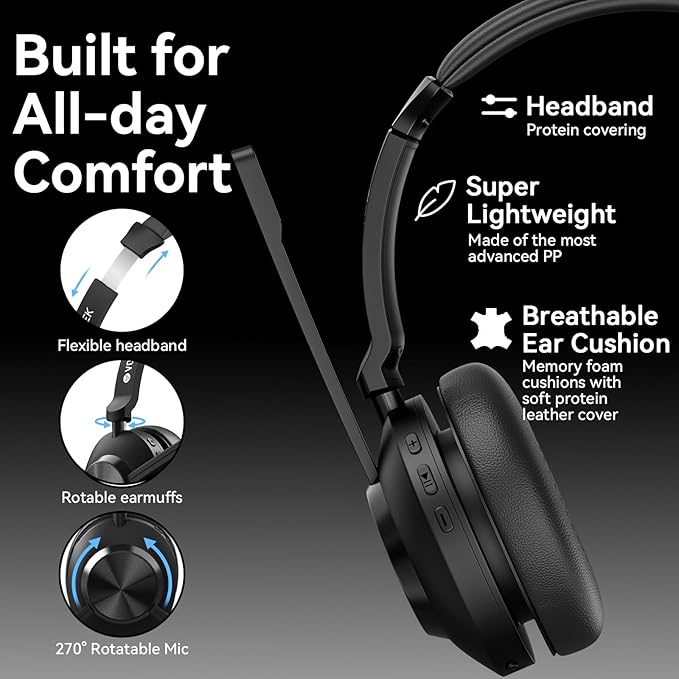 Wireless Headset with Mic for Work, Bluetooth Wireless Headphones with Microphone Noise Cancelling, Mute & USB Dongle for PC Computer Laptop Cell Phones Remote Work Home Office Call Center Zoom Skype