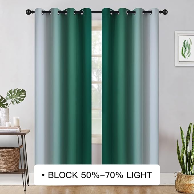 COSVIYA Curtains & Drapes Grommet Ombre Dark Green Curtains W52 x L72 Inch | - Image 2