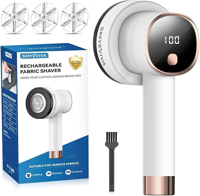 Smyeviva Rechargeable Fabric Shaver for Clothes: 6-Leaf Blades & 3 Speeds to Remove Pilling, Fuzz & Lint Balls - with LED Display, Portable Electric Lint Remover for Sweater, Couch, Blanket, Furniture