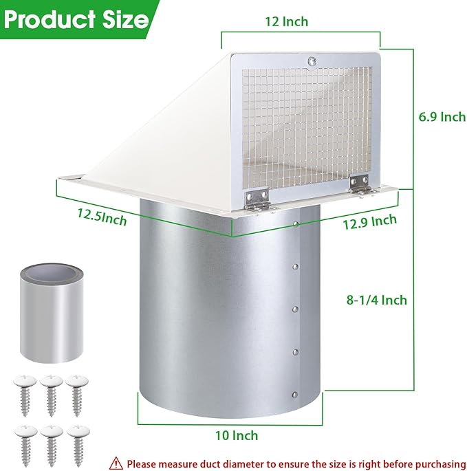 JYINCPED 10 Inch Hooded Wall Vent with Screen and Damper,Galvanized Steel Exterior Wall Exhaust Vent Cover Cap for Kitchen Range Hood Duct Ventilation Outside Air Exhaust Applications,White