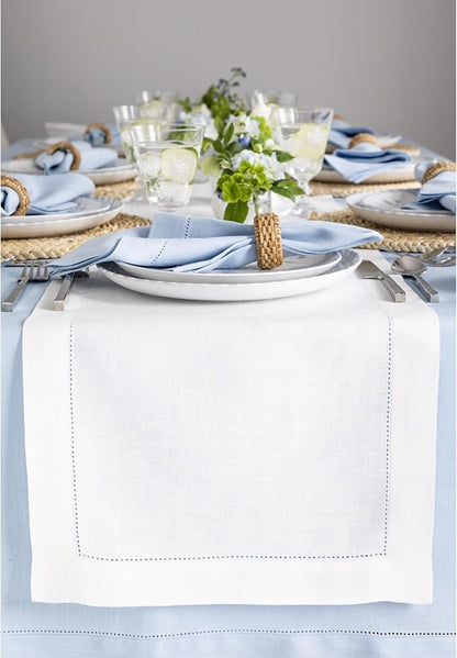 Solino Home Linen White Table Runner 156 Inches Long - 100% Pure Linen Extra Long Table Runner 14 x 156 Inch for Christmas, Holiday, New Year - Classic Hemstitch