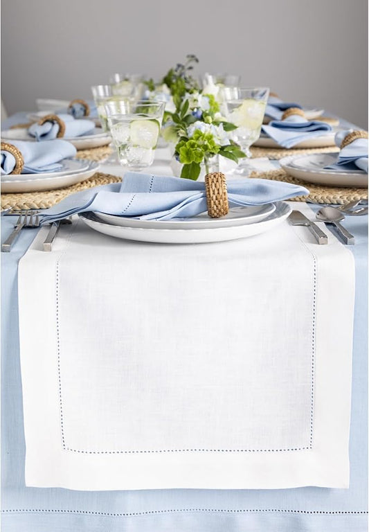 Solino Home Linen White Table Runner 156 Inches Long - 100% Pure Linen Extra Long Table Runner 14 x 156 Inch for Christmas, Holiday, New Year - Classic Hemstitch