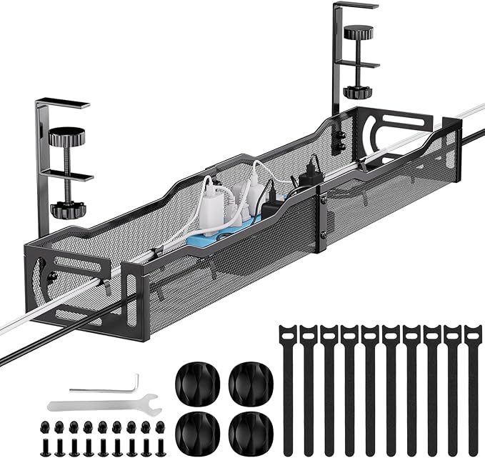 Mzmaxy Cable Management, 25'' Cable Management Under Desk No Drill, Metal Cord Organizer with Clamp for Standing Desk, Cable Organizer for Home Office, Black