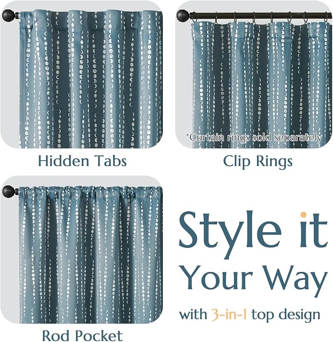 jinchan Boho Blackout Curtains 84 Inches Long Moon Phase Printed Drapes | Blue - Image 7