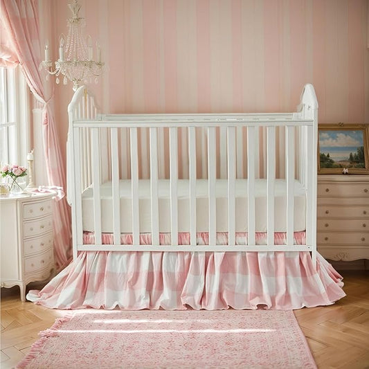 Brandream Gingham Gathered Crib Skirt, Baby Boy, Baby Girl, Gender Neutral Crib Skirt, 100% Cotton, 4-Sided, Light Pink Plaid Gingham Toddler Bedskirt Farmhouse Chic Nursery Crib Bed Skirt Dust Ruffle