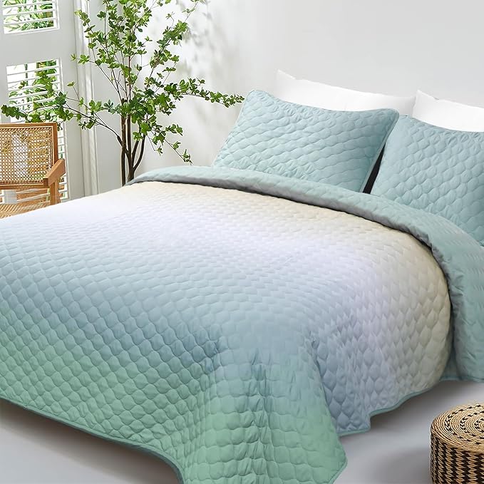 Quilt Set Full Queen Size 3 Piece, Gradient Green Pattern Printed Bedding - Image 2