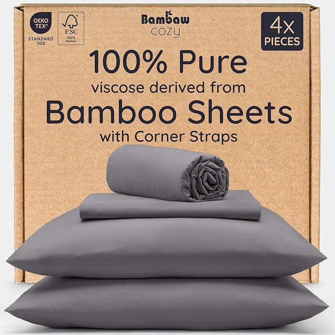 Bambaw King Sheets Set 4pcs, 100% Viscose Derived from Bamboo Sheets, King Size Cooling Sheets Set, Hotel Luxury Bed Sheets Set, Deep Pockets Fits Up to 16'' Mattresses, King Sheets Soft (Dark Gray)