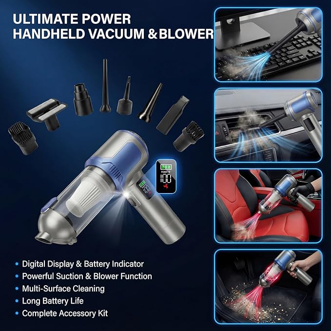 makecatch Handheld Car Vacuum Cleaner, 20000Pa High-Power Cordless Vacuum with 6000mAh Battery, LED Light, Washable HEPA Filter, Large Dust Cup, Lightweight Mini Vacuum for Car/Home/Pet Hair
