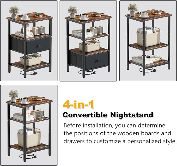 Side Table with Charging Station, Nightstand with Adjustable Fabric Drawer - Image 4