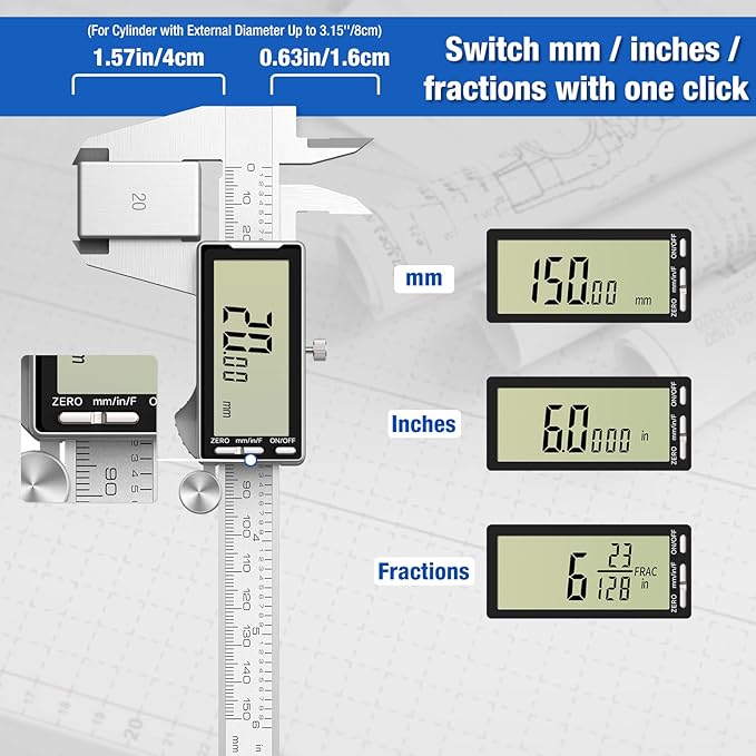 Raynesys Digital Caliper 6 Inch with Large LCD Screen, Inch/MM/Fraction Conversion, 150mm Micrometer Caliper All Stainless Steel Diameter Measuring Tool for Jewelers/Woodworkers/DIY
