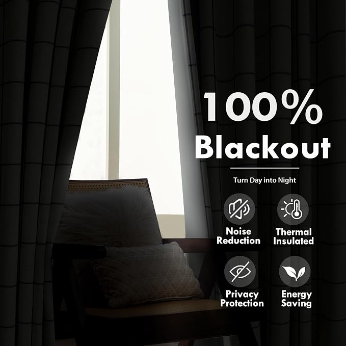 DriftAway 100% Blackout Plaid Linen Curtains 63 Inches Long 2 Panels Black | - Image 6
