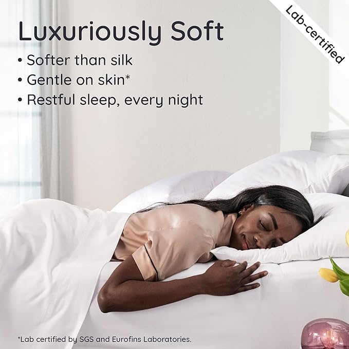 Bambaw 100% Viscose Derived from Bamboo Sheets Queen Size Deep Pocket Set – 4pcs Hotel Luxury Bed Sheets Set, Fits Up to 16'' with Elastic Corner Straps, Ultra Soft Cooling Sheets Queen Size (White)