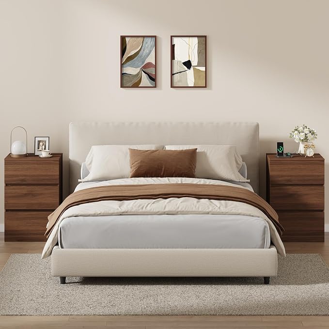 Nightstands Set of 2 with Charging Station and Hidden Drawer, Walnut | Bedside - Image 4
