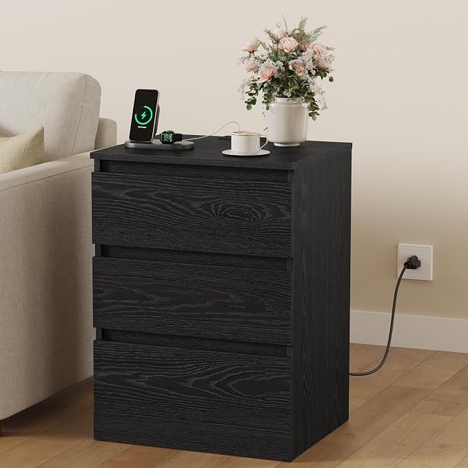 Nightstand with Charging Station, Bedside Tables with 3 Drawers, Side Table - Image 2