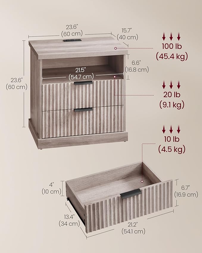 VASAGLE Nightstand with Charging Station, 2 Drawers, Open Shelf | Bedside Table - Image 3
