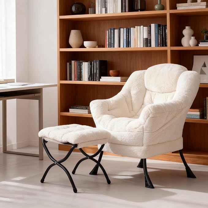 Welnow Lazy Chair with Ottoman, Reading Chair with Footrest, Plush Beige | A - Image 7