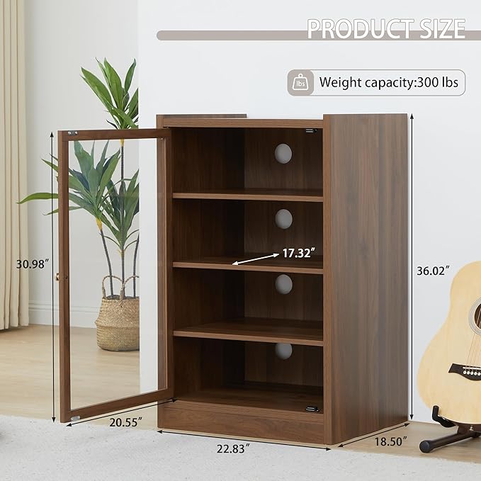 Walnut 5-Tier AV Media Shelf Storage Cabinet with Adjustable Shelves and Cable Management for Living, Gaming, Recording Room