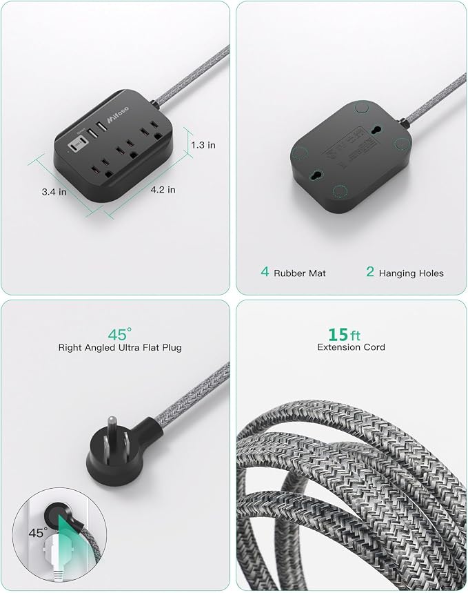 Mifaso Power Strip with USB, 15Ft Compact Flat Plug Extension Cord | 3 Outlets - Image 6