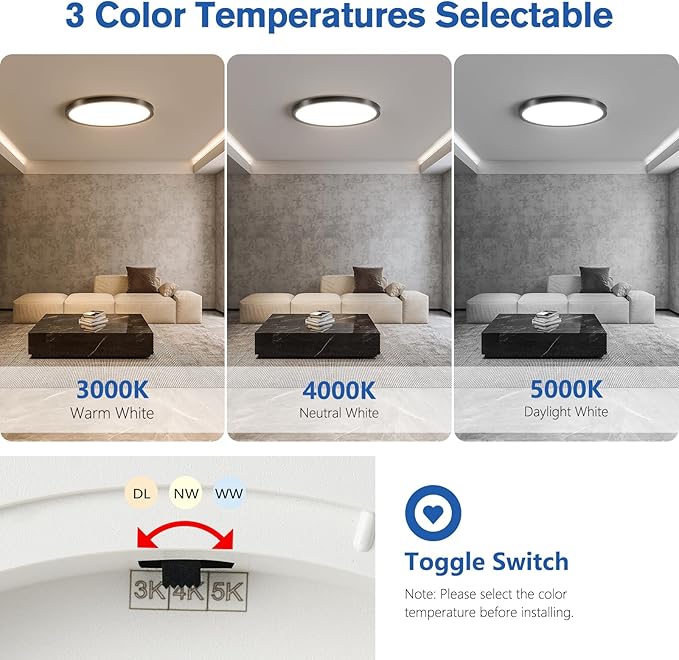 YELIOLED 12 Inch Slim Dimmable LED Flush Mount Ceiling Light Fixtures, 24W 2640LM 3000K/4000K/5000K, House Upgrade Led Lights for Bedroom Hallway Laundry Room Rental Units, 240W Equiv., Black