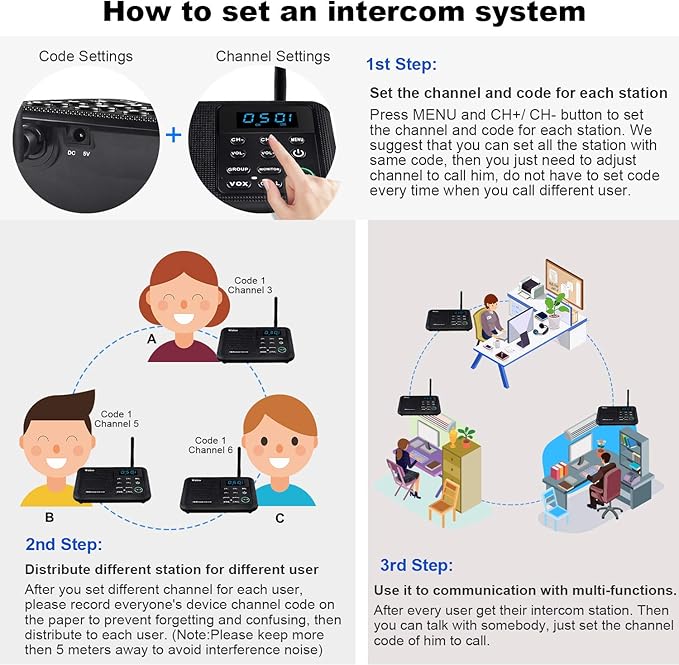 Wuloo Intercoms Wireless for Home 1 Mile Range 22 Channel 100 Digital Code Display Screen, Wireless Intercom System for Home House Business Office, Room to Room Intercom Communication (6 Packs, Black)