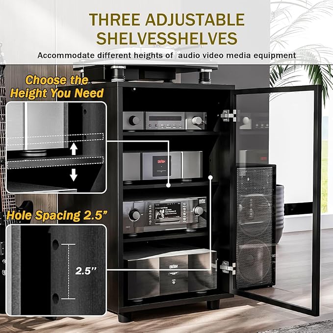 Grufle Media Storage Cabinet with Tempered Glass Door, 3 Adjustable Shelves Stereo Cabinet with Cable Management, AV Rack for Living Room/Gaming Setup/Home Studio Audio Rack (Black)