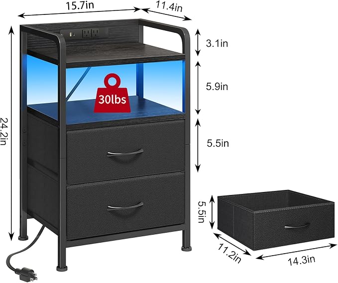 Fixwal Black Led Nightstand, Rear Charging Station, 2 Fabric Drawers | - Image 3