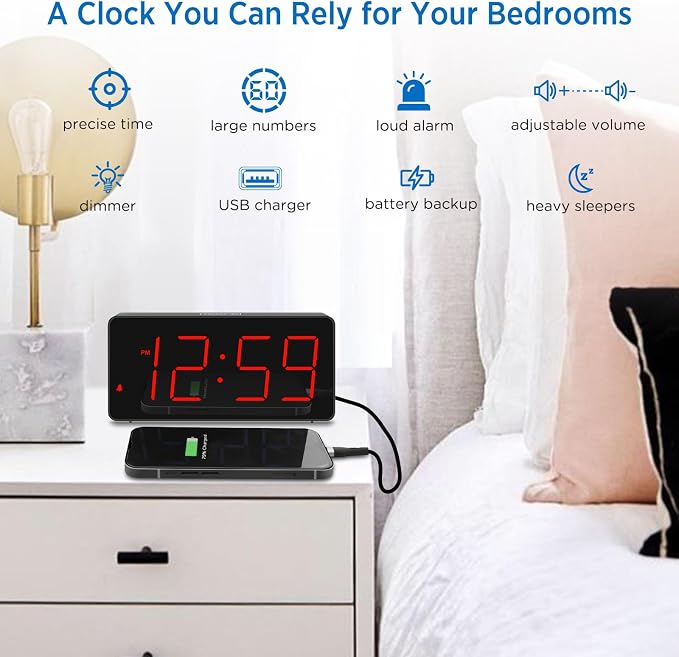 Peakeep Digital Alarm Clock for Bedroom Bedside, Large Display 5 Dimmers | - Image 3