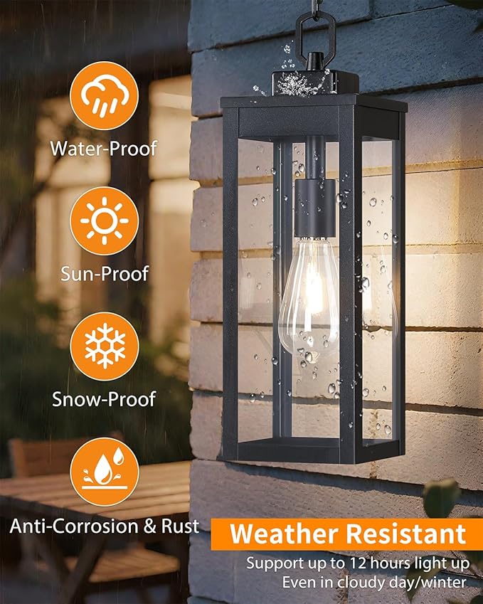 15'' Large Solar Pendant Light Outdoor, Modern Outside Chandelier Outdoor Hanging Lantern, Black with Clear Glass, Exterior Pendant Lighting Fixture Ceiling Mount for Porch, Entryway, Gazebo, 1 Pack