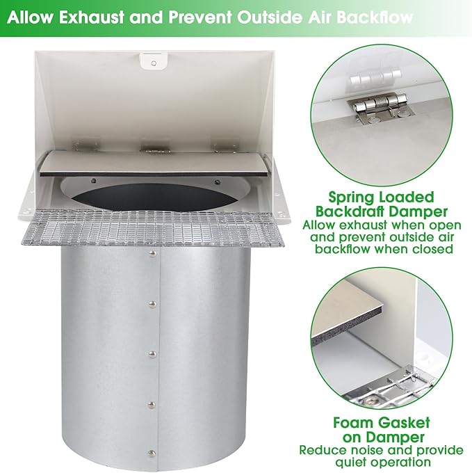 JYINCPED 10 Inch Hooded Wall Vent with Screen and Damper,Galvanized Steel Exterior Wall Exhaust Vent Cover Cap for Kitchen Range Hood Duct Ventilation Outside Air Exhaust Applications,White