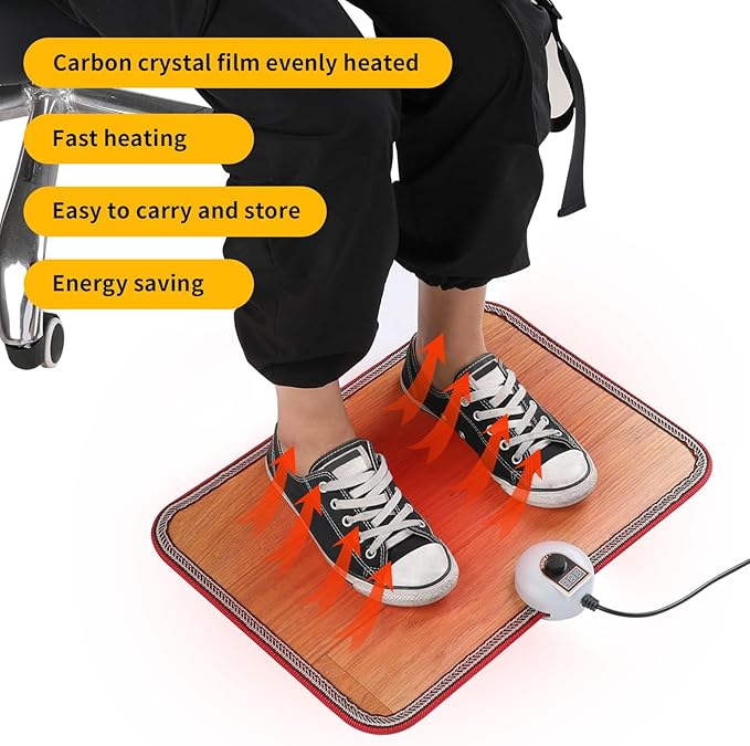 AC 110V Heated Floor Mat for Foot, Wood Stripe Carbon Crystal Heating Pad, Electric Heated Foot Warmers for Office, Home Brown