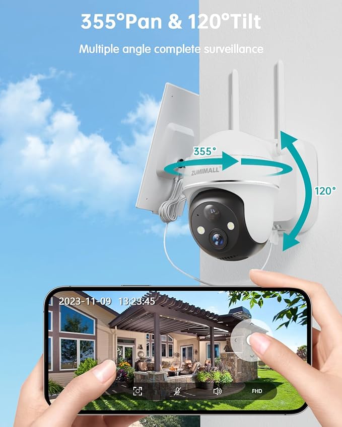 ZUMIMALL Solar Security Cameras Wireless Outdoor, 360° View Outdoor Camera Wireless Solar Powered,2.4G WiFi，2K/3MP Color Night Vision,2-Way Talk, PIR Motion Alert, Cloud Storage, Work with Alexa