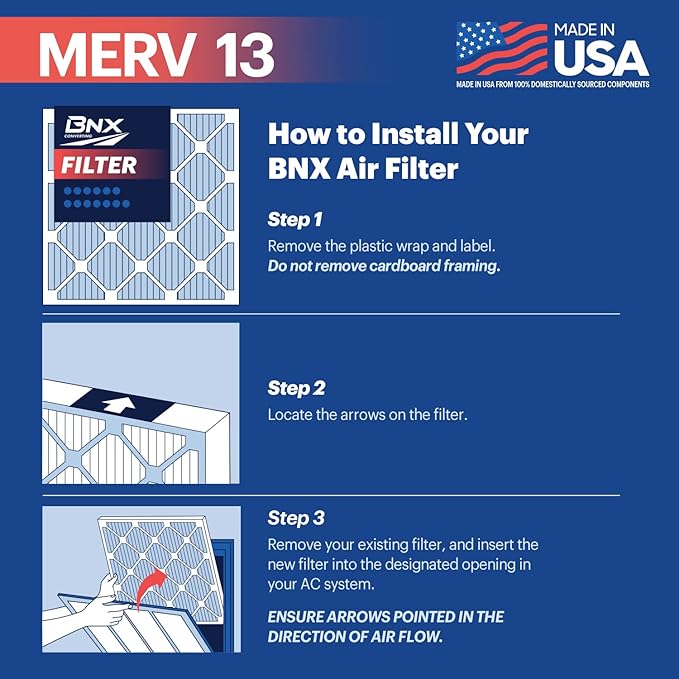 BNX TruFilter 14x24x1 Air Filter MERV 13 (4-Pack) - MADE IN USA - Electrostatic Pleated Air Conditioner HVAC AC Furnace Filters for Allergies, Pollen, Mold, Bacteria, Smoke, Allergen, MPR 1900 FPR 10