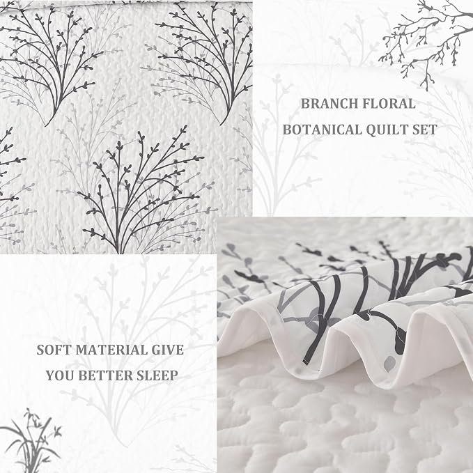 DJY White Quilt Set Queen Size Branch Botanical Bedspread Coverlet Set | 3 - Image 5