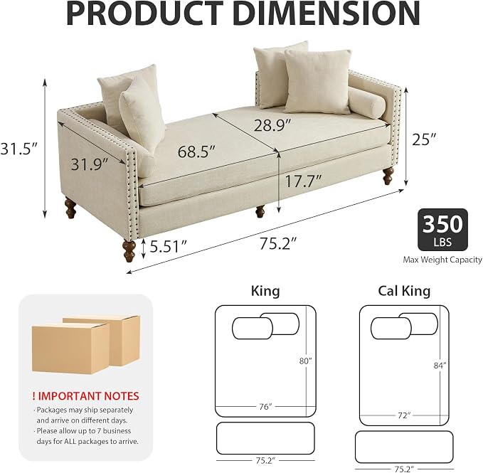 75.2" Oversized Chaise Lounge, Chenille End of Bed Bench - Image 2