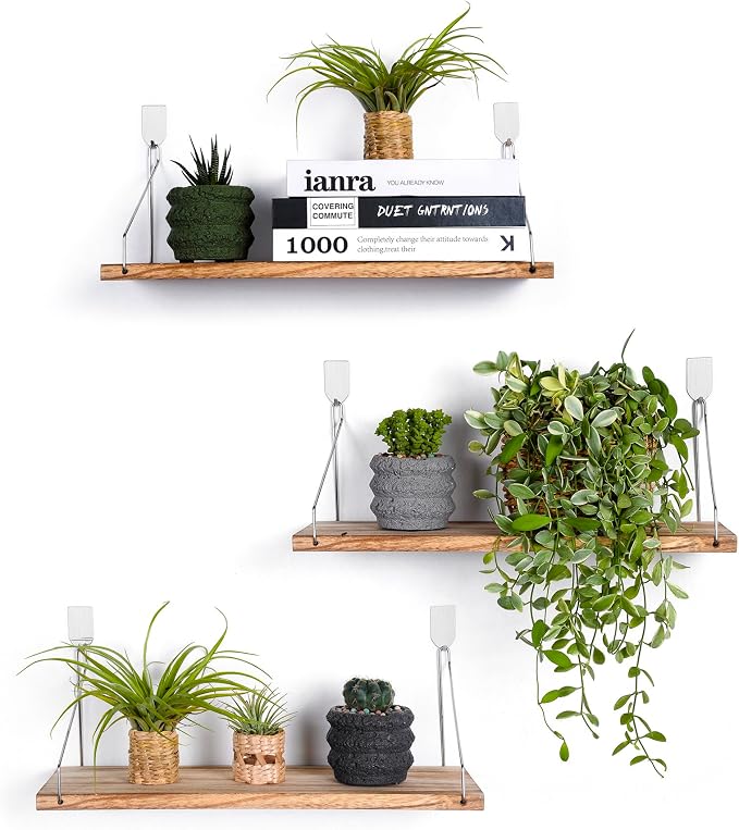 Floating Wall Shelves, Rustic Wood Wall Mounted Shelf Set of 3 | No Drill - Image 9