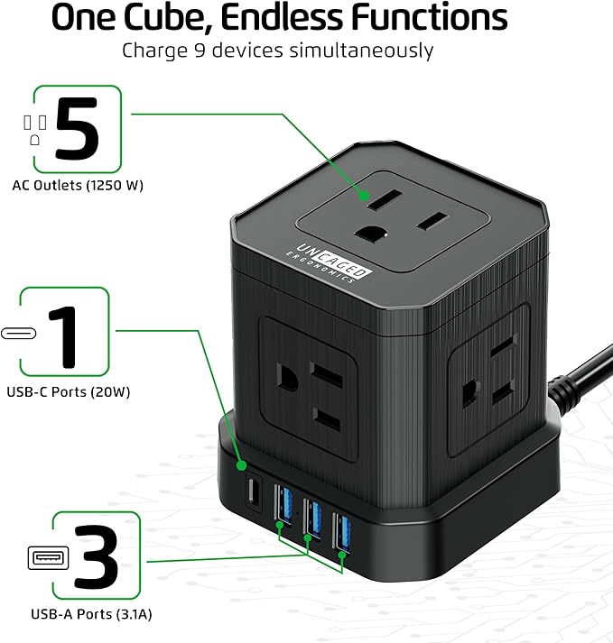 Cube Power Strips with Surge Protection, 10ft Extension Cord with Multiple Outlets, 5 AC Plugs, 3 USB, 1 Usbc Fast Charging Power Strip with USB Ports, Mountable On/Off Switch Charging Station