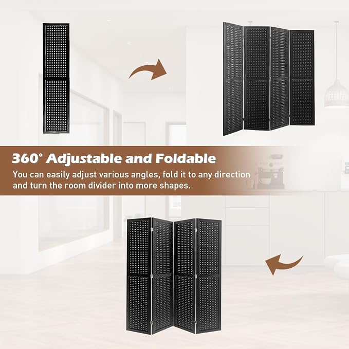 4 Panel Pegboard Room Divider | Black Wood Folding Privacy Screen - Image 5
