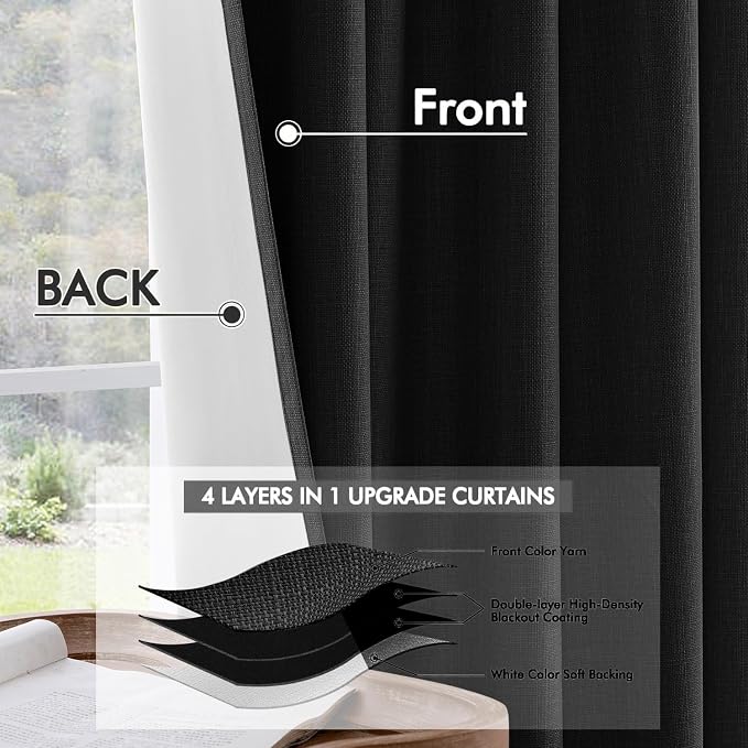 MIULEE 100% Blackout Back Tab Pleat Linen Curtains 50" Wx96 L, Thick Faux Linen - Image 5