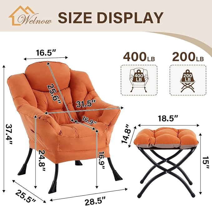 Welnow Lazy Chair with Ottoman, Reading Chair with Footrest，Orange | A Side - Image 3