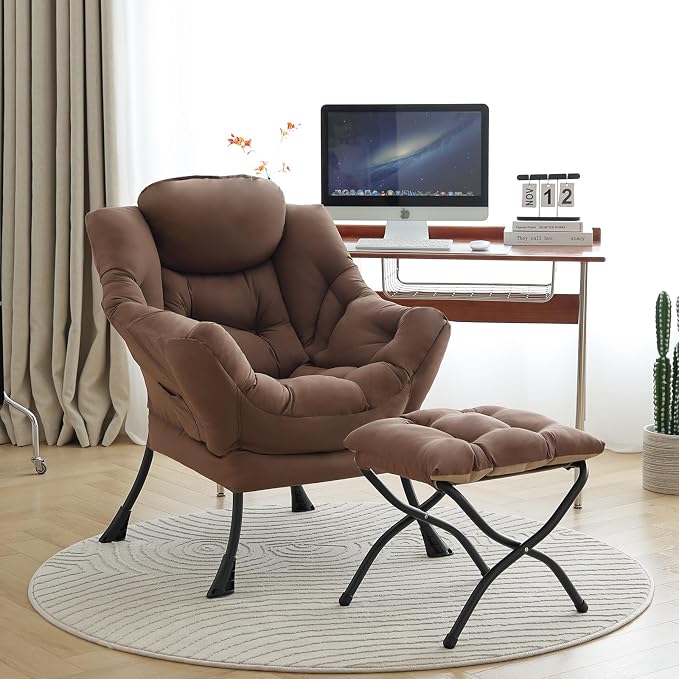 Lazy Chair with Ottoman, Comfy Accent Reading Chair, Dark Brown | Foldable - Image 2