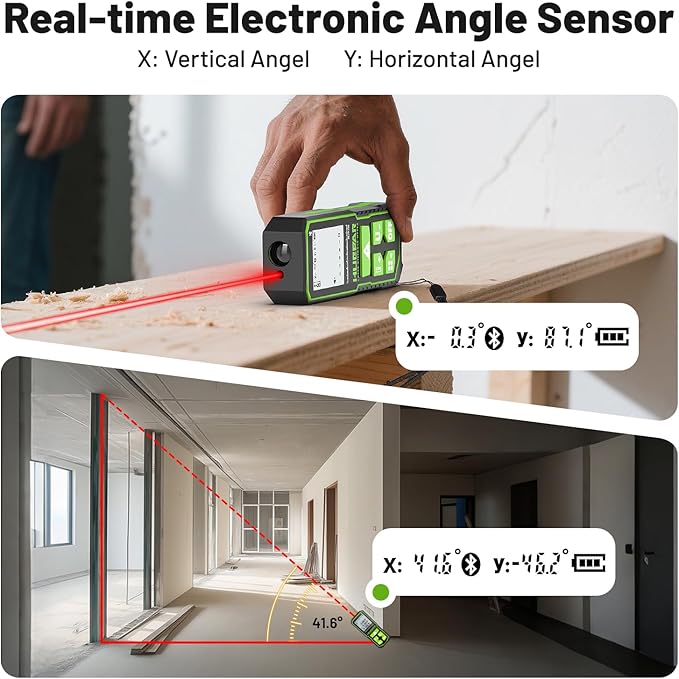 Laser Distance Measure 330Ft. Huepar Digital Rechargeable Laser Measuring Tool with Bluetooth -Phone APP, Angle Sensor, 1/16in Accuracy, M/in/Ft Unit, Pythagorean Mode, Measure Distance, Area, Volume