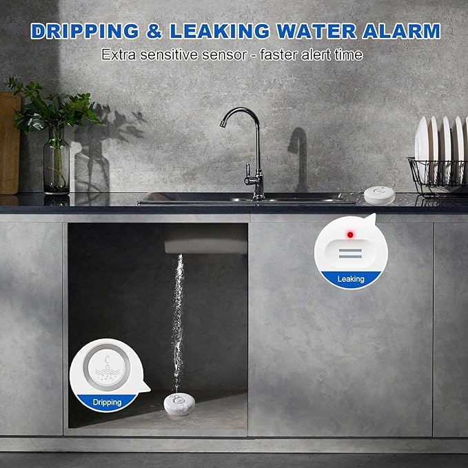 WiFi Water Leak Detectors 5 Pack, 120dB Adjustable Loud Water Leak Sensor, Wireless Wi-Fi Water Leak & Drip Alarm, App Alerts, 5 Water Alarm Sensors & 1 Hub for Home Kitchen, Bathroom, Sink, Laundry