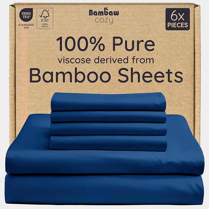 Bambaw King Sheet Set 6pcs – 100% Viscose Derived from Bamboo Sheets, Buttery Soft Bed Sheets, Cooling Sheets for Hot Sleepers, King Bed Sheets with Corner Straps, Fits Up to 16'' (Navy Blue)