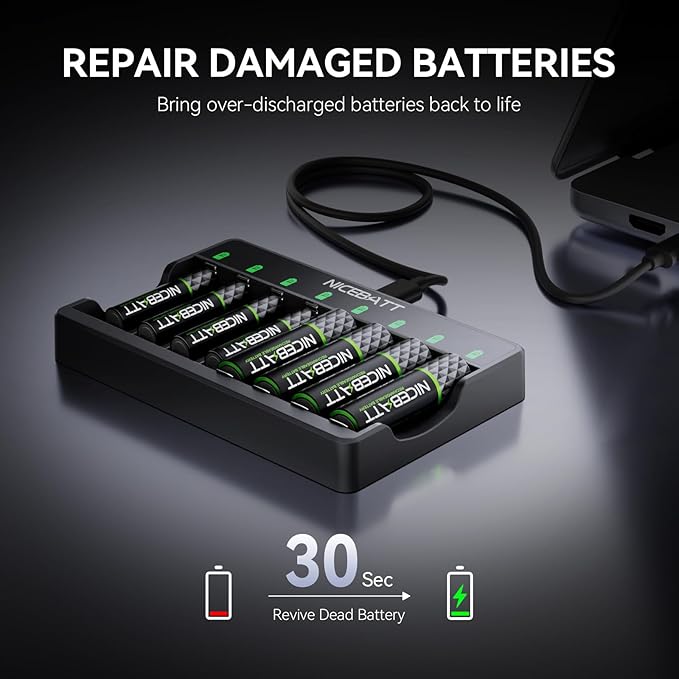 Smart 8 Bay AA AAA Battery Charger, Over-Discharge Damage Repair, USB Type-C Fast Charging for Ni-MH Ni-CD Rechargeable Batteries