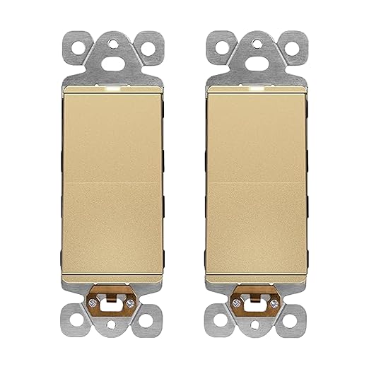 LIDER Minimalist Design Matte Finish Lighted Decorator Switch, Frameless Paddle Light Switch with Locator Light, Grounding Screw, 15A 125V, UL Listed, LS15-1P-GD2P, Gold, 2 Pack