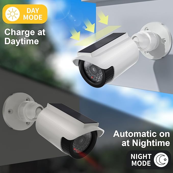 WALI Fake Dummy Camera, Solar Powered Fake Security Camera with LED Light, for Inside Outside Decoy Simulated Surveillance Security CCTV Dome Cameras with Warning Sticker (SOLTC-W2), 2 Packs, White